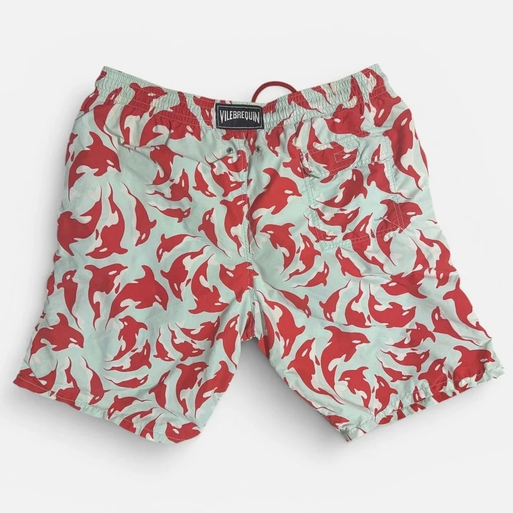 Vilebrequin Swim Trunks Mens 3XL Moorea Orca Whale Print Red‎ Mint Green AOP